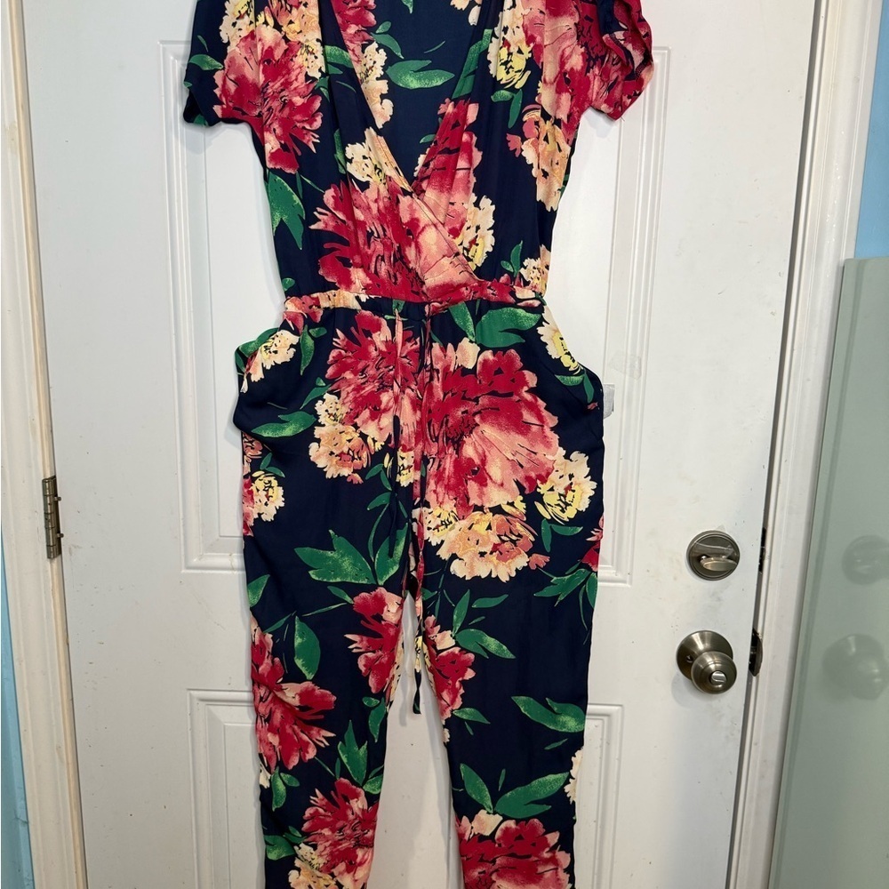 Lulu's Red and Green Jumpsuit with V-Neck and Tapered Legs